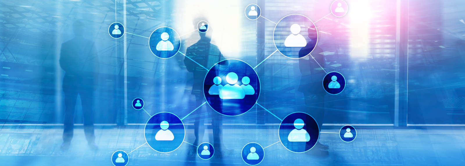 HR - Human resources management concept on blurred business center background. Concept image of virtual people icons representing a mobile employee workforce: YouRecruit employee availability management