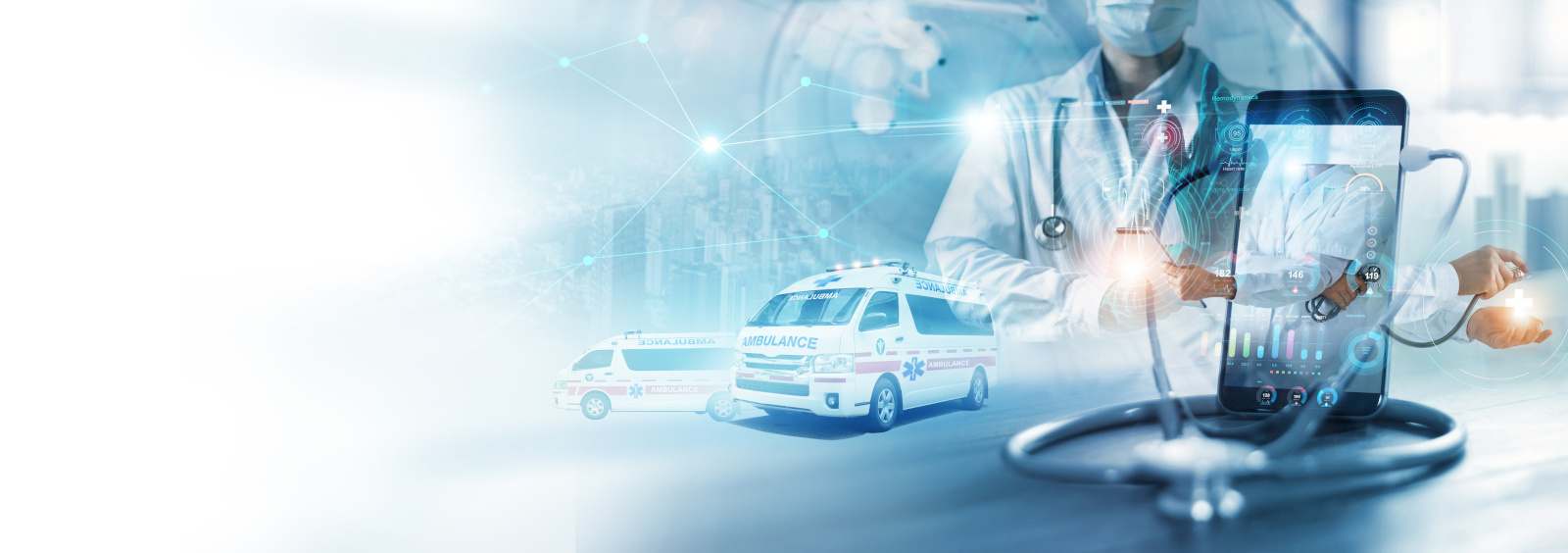 Stethoscope wear with smartphone, Doctor through the phone scre