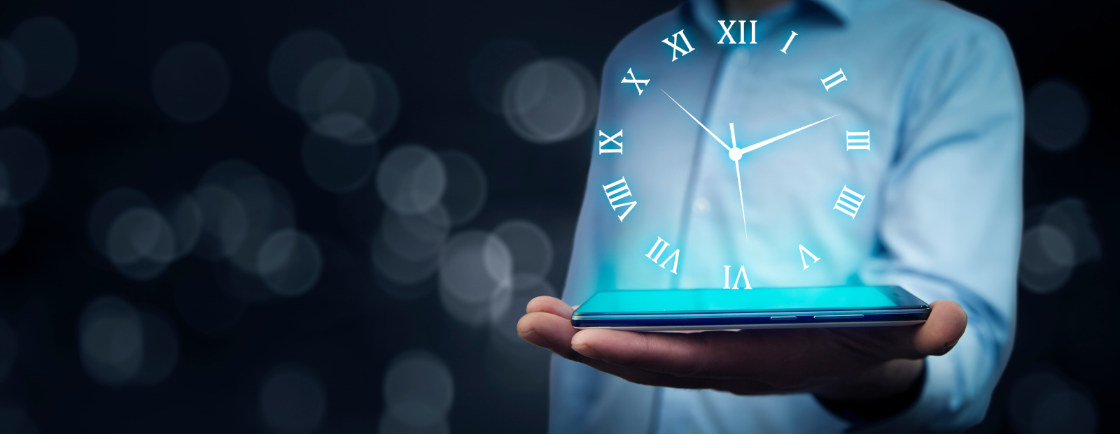Businessman hand phone with clock