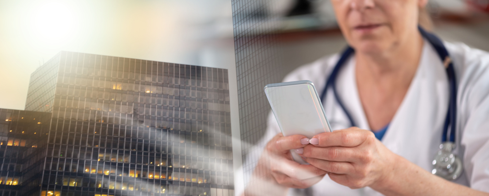 Female doctor using her mobile phone; multiple exposure