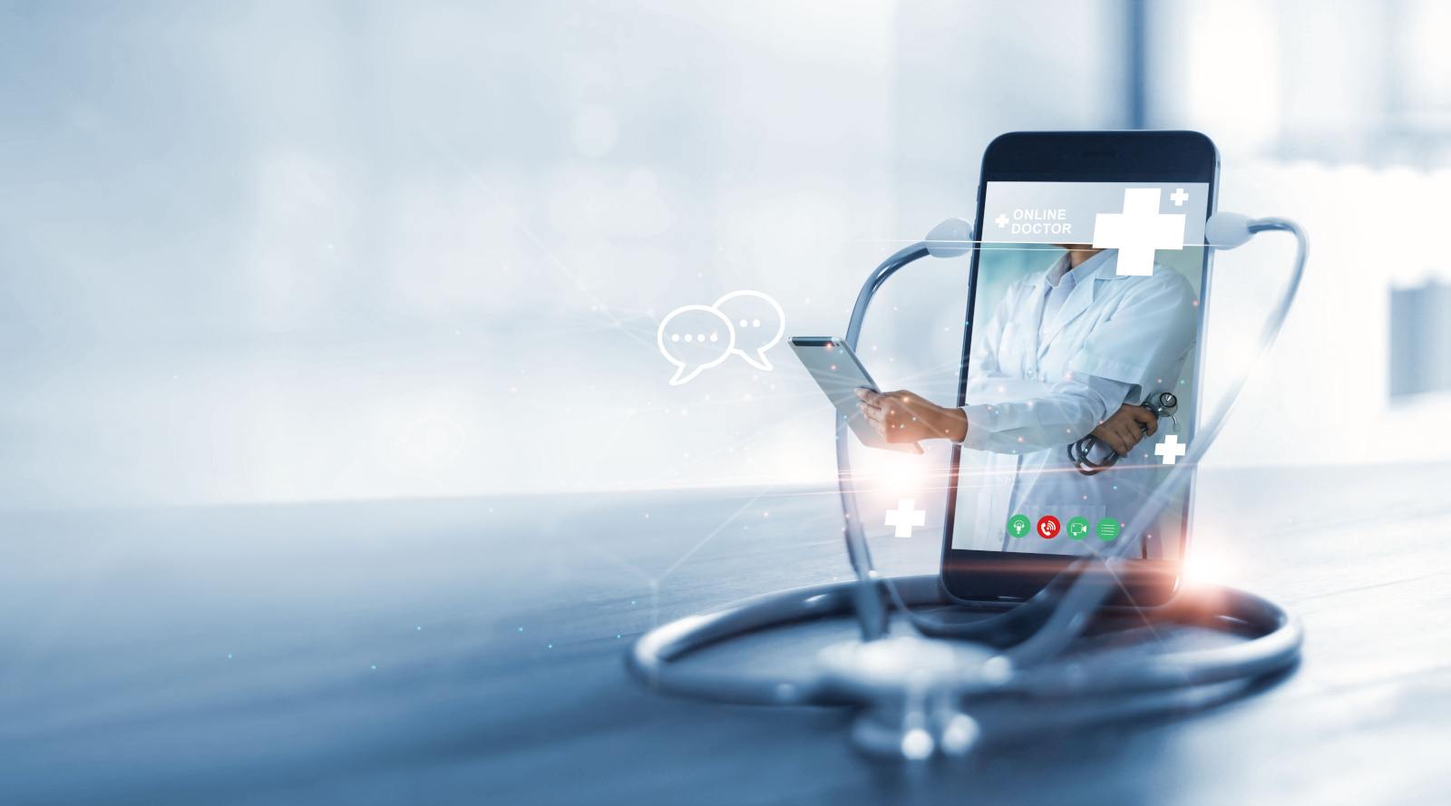 Doctor online, online medical communication network with patient, Online medical consultation, Doctor through the phone screen using stethoscope checks and analysis health care, Medicine technology. Doctor using WorkTracker Mobile Timesheet App concept