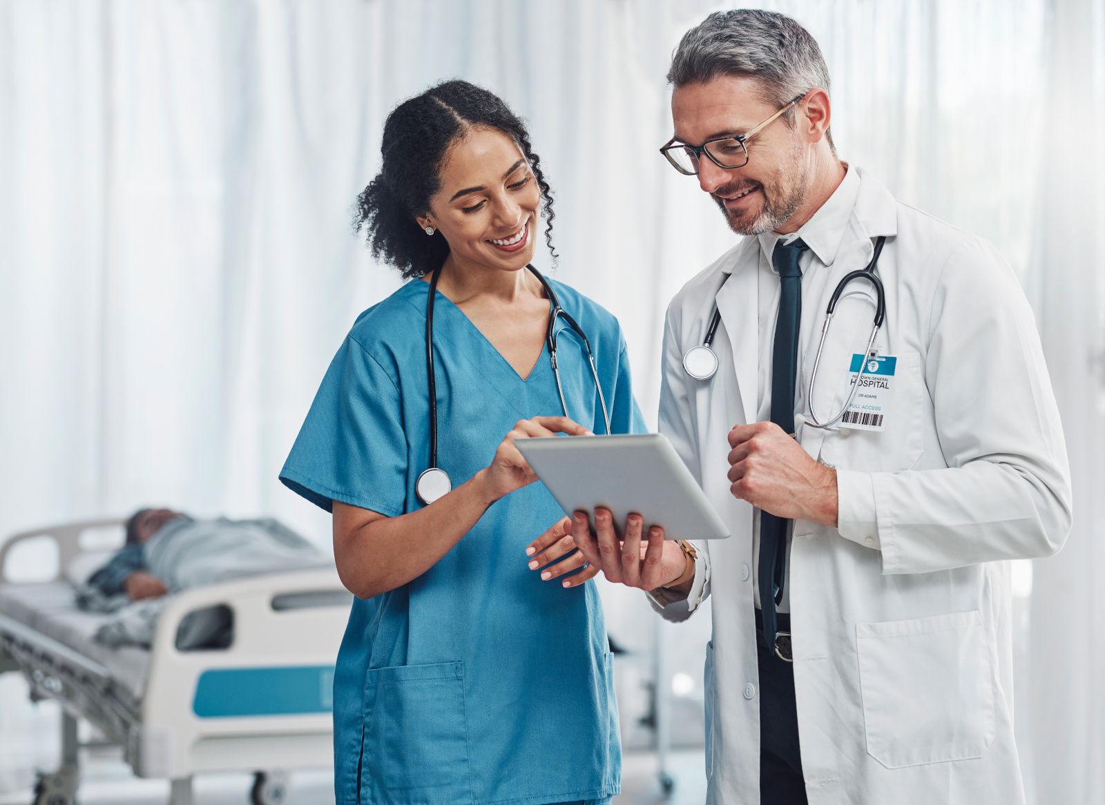 Digital tablet, collaboration and team of doctors analyzing results or diagnosis of patient in clinic. Teamwork, medical and healthcare workers in discussion and research on mobile device in hospital Nurse mobile timesheet approval with WorkTracker