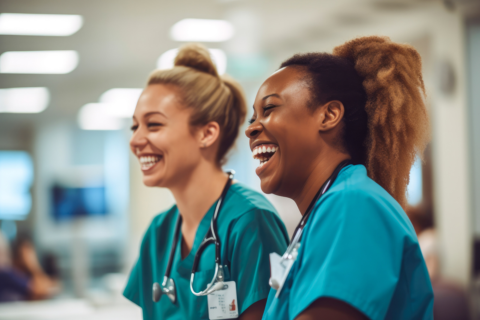 Candid shot of two nurses laughing and talking in a hospital, showcasing positivity and collegiality. Generative AI Two happy nurses in hospital corridor