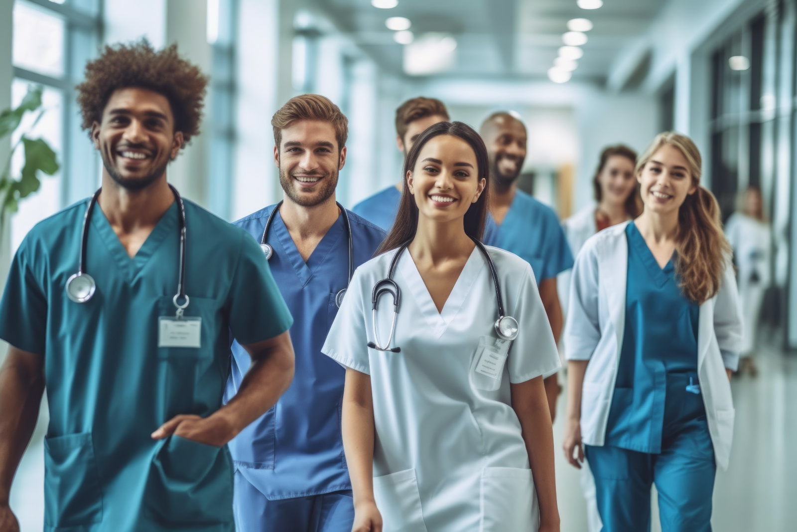 Team of doctors in the hospital. Background with selective focus. AI generated, human enhanced Happy healthcare staff of various roles walking along hospital corridor: YouRecruit employee availability management