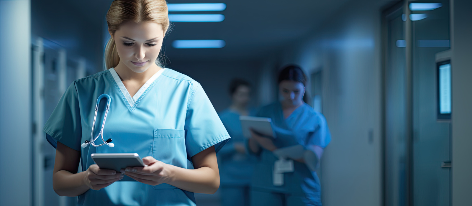 Digital tablet being used by a nurse with ample room for text Nurse using WorkTracker app in hospital corridor