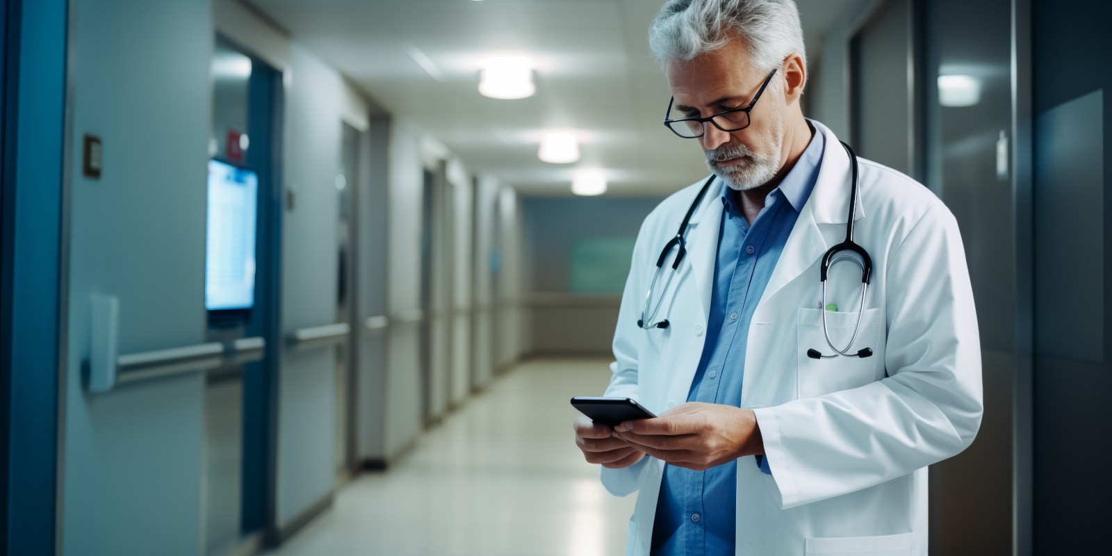 Senior male doctor standing in lobby using mobile phone. Mature man reading text message on his smart phone in hospital corridor Temporary employee in hospital corridor using the WorkTracker mobile timesheet app