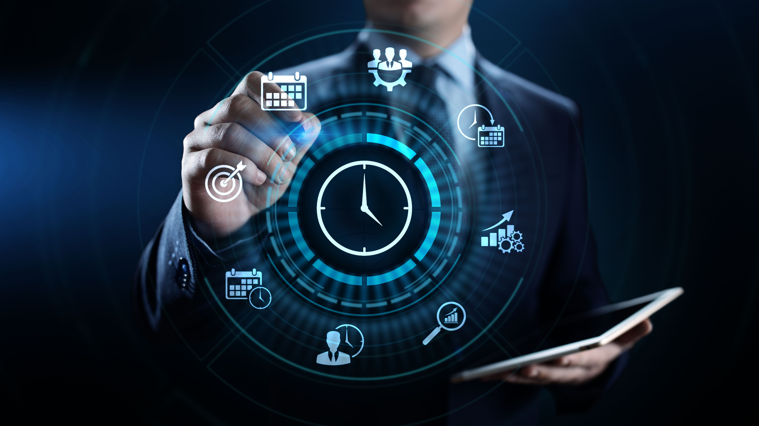 Time management project planning business internet technology concept. Recruitment agency consultant with smart device. Icons representing workforce scheduling: YouRecruit and WorkTracker
