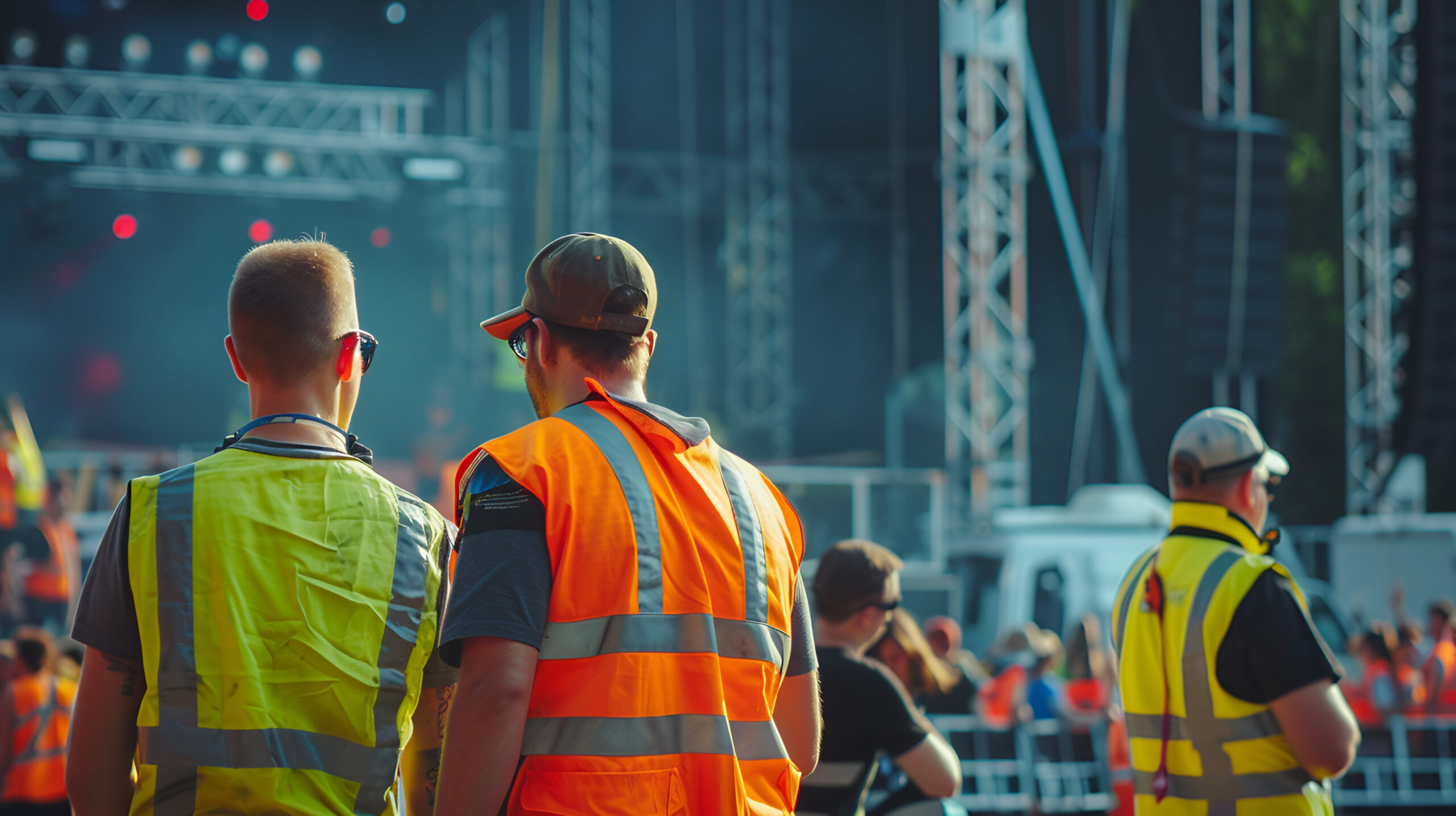 Stage construction crew looking on at stage erection at large festival site: YouRecruit and WorkTracker job hours app